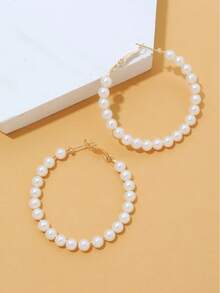 1 Pair Simple Fashion Pearl Hoop Earrings, Minimalist & Practical Multifunctional - Gold - View 2