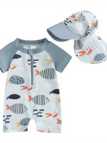 Trajes de baño para bebés de 0 a 5 años con protección contra erupciones y gorro de baño, estampado de peces de dibujos animados, de manga corta y con cremallera, ropa de playa - Gris Claro - Ver 8