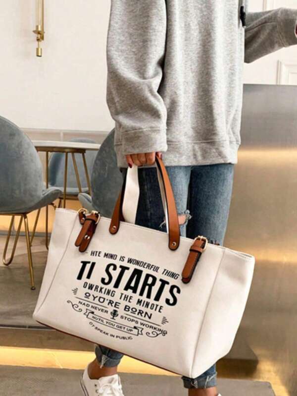 Bolsa de Ombro Reutilizável com Estampa de Letras para Mulheres, Bolsa de Lona Casual, Bolsa Escolar/Supermercado de Grande Capacidade Extra Grande e Reforçada, Bolsa Feminina, Bolsa de Lona para Viagem, Bolsa de Ombro