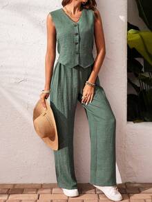 Women's Solid Button Front Sleeveless Top And Pants Casual Set - Green - View 4