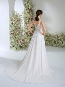 Elasola 雪纺双V领撞色蕾丝优雅正式晚礼服，适合毕业典礼、晚宴、新娘装、情人节等场合。 - 白色 - 查看 4