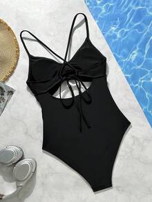 Solid Color V-Neck Crisscross Hollow Back Lace-Up High Elasticity Polyester Blend One Piece Swimsuit For Women, Full Coverage, Summer Beach/Pool Party Outfit