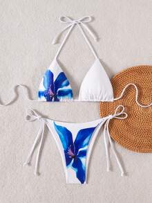 Women's Summer Floral Print Bikini Set With Tie Triangle Top And Side-Tie Triangle Bottom Vacation Beach White - White - View 5