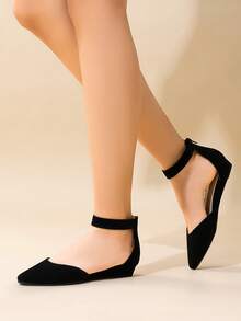 Women Flats Ankle Strap Pointed Toe 1-Inch Low Wedge Heel Flats Fashion Classic Dress Shoes For Wedding Daily Commute - màu đen - Xem 2