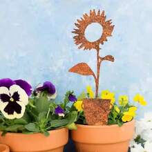 1 个 35 厘米锈铁板金属花盆，向日葵和康乃馨剪影植物形状，适合母亲、祖母、花园装饰、万圣节、圣诞节、庭院、草坪、花盆装饰、家居装饰 - 彩色 - 查看 8