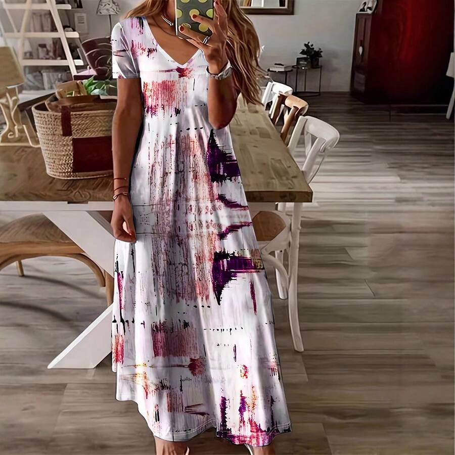 Plus Size Women's Elegant New Style Floral Print Short Sleeve Dress Summer Red - Red - View 1