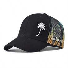 1pc Coconut Tree Embroidered Net Baseball Cap, Unisex Versatile Beach Vacation Sun Hat, Breathable Hard Top Snapback - Multicolor - View 8