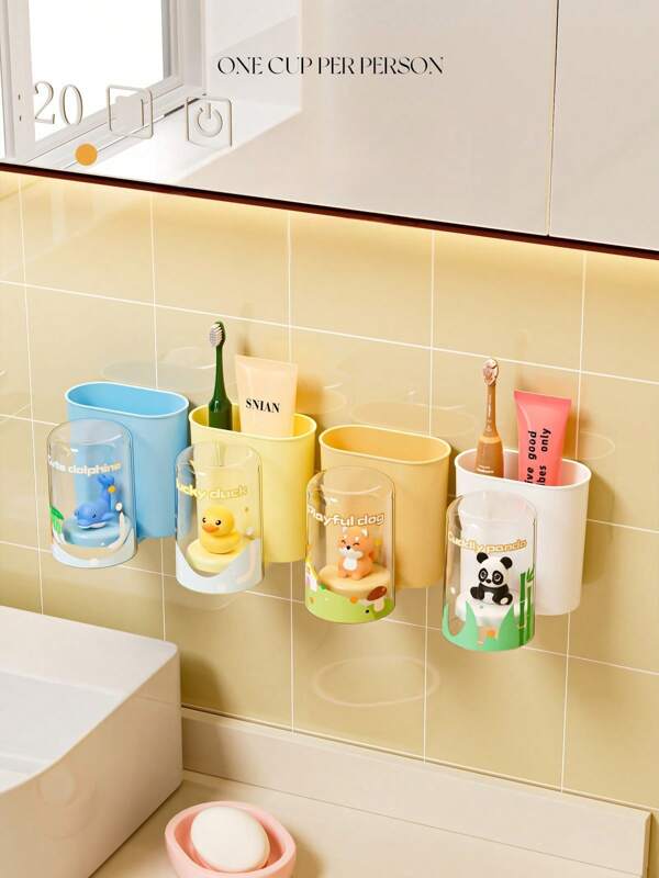 1 Set Portacepillos/Vaso de Dibujos Animados Lindos, Versión Familiar Adorable Vaso para Cepillo de Dientes, Vaso para Cepillo de Dientes Montado en la Pared Vuelta al Colegio