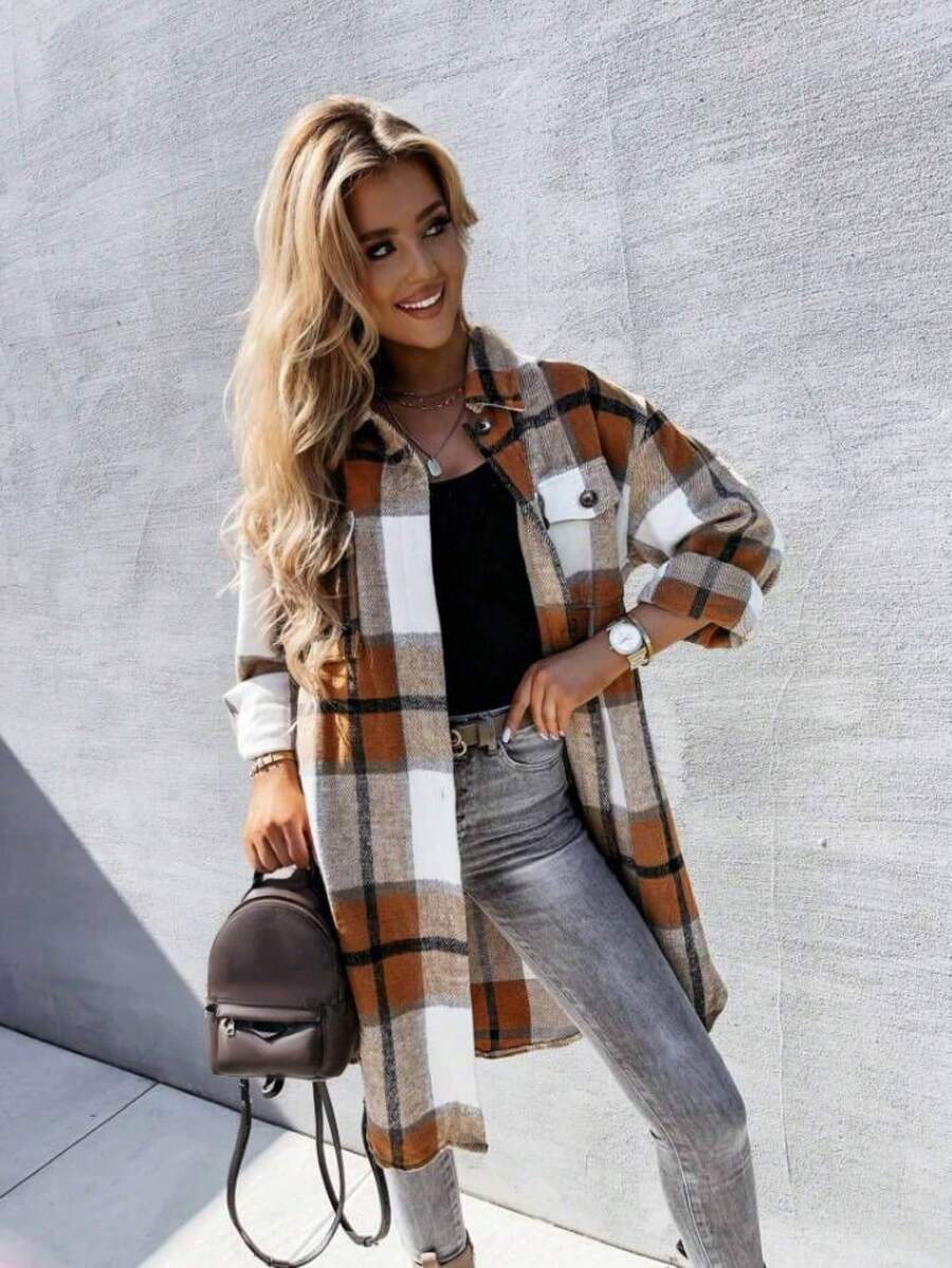 Women's Plaid Long Sleeve Mid-Length Casual Shirt - Coffee Brown - View 1