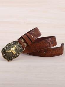 男士西部牛仔腰带，牛头装饰扣，户外腰带，波西米亚风格真皮腰带，夏季、秋季、万圣节秋冬配饰，适合青少年、青年、男士，休闲、户外、运动、度假、毕业、生日、日常穿着。 - 棕色 - 查看 3