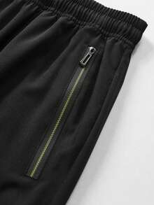 男士腰部抽绳口袋拉链下摆印花休闲运动跑步健身户外七分裤，男友风，春夏 - 黑色 - 查看 5