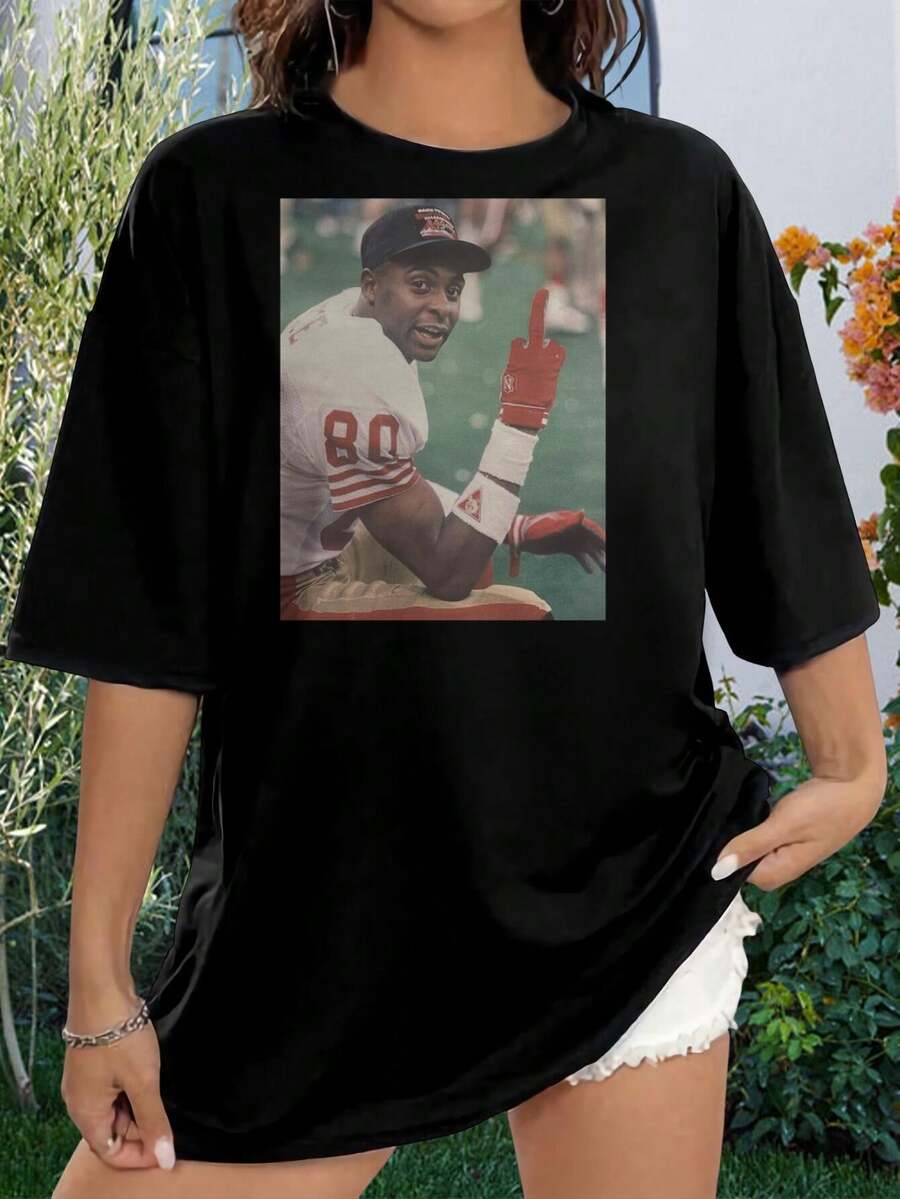 49ers Jerry Rice Flipping The Bird T-Shirt | San Francisco Football Tee For Women | Offensive Novelty Shirt - Black - View 1