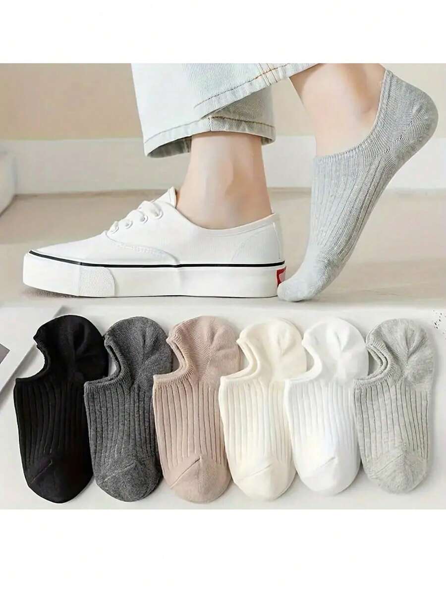 6/12 Pairs Women Invisible Socks, Solid Color, Knitted Fabric, 95% Polyester And 5% Spandex, Comfortable Multi-Purpose, Hand Wash, 200g/Sqm, Unisex - Multicolor - View 1