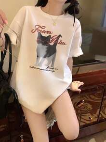 Áo thun tay ngắn in hình mèo dễ thương và chữ tiếng Anh dành cho nữ, màu trắng, thường ngày mùa hè - trắng - Xem 2