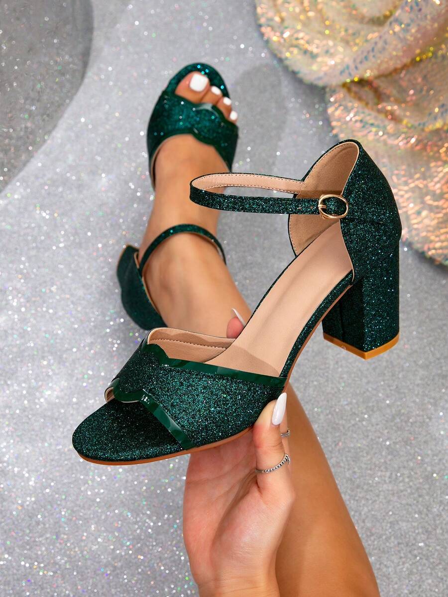 女士中跟复古凉鞋，新款独特法式露趾粗跟罗马凉鞋，性感高跟夏季鞋 - 綠色 - 查看 1