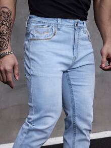 ESDVQ Men's Embroidered Front And Back Pocket Stretch Thick Denim Jeans - Light Wash - View 9