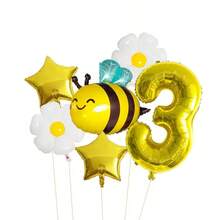 Set de 7 globos con diseño de abeja y margarita, incluye números de oro de 32" 1, 3, 4, 5, 6, 2 decoraciones de estrella dorada, tema hawaiano, mylar de hoja, girasol blanco, para cumpleaños, compromiso, reunión, bautizo, celebración estacional, decoración interior y exterior