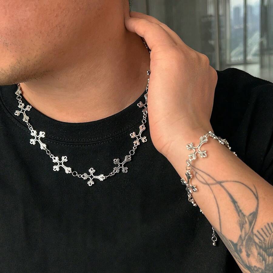 Fashionable Europe & America Style Cross Pendant Necklace For Men, Retro Hipster Collarbones Chain Unisex Accessory