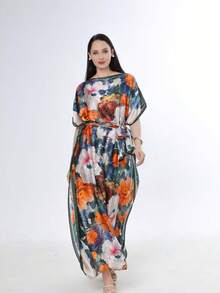 1 chiếc khăn choàng dài cỡ lớn sang trọng bằng lụa in họa tiết dành cho nữ, khăn choàng nhẹ in hoa, thích hợp mặc ở nhà vào mùa hè/thu, phù hợp với phòng máy lạnh, kiểu dáng kín đáo như áo kaftan mùa xuân. - đỏ xanh - Xem 4