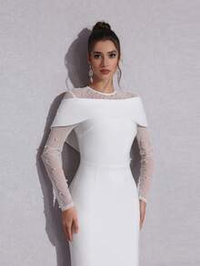 新款白色性感珍珠装饰性感透视网纱拼接长袖修身长款绷带连衣裙婚礼宾客节日优雅生日派对女士正式晚宴连衣裙 - 白色 - 查看 7