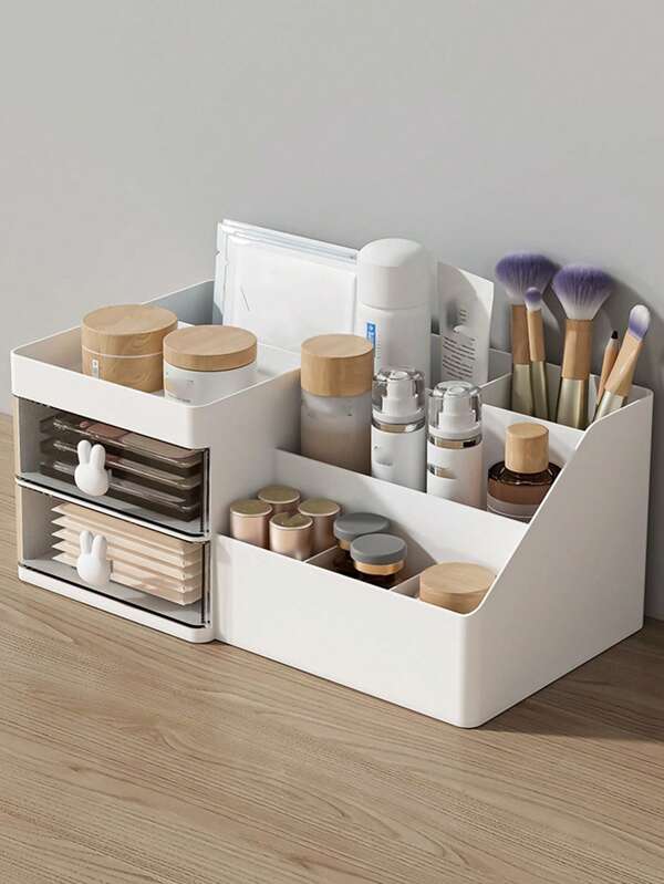 1 pieza Caja de almacenamiento con diseño de conejo blanco puro, organizador de maquillaje, soporte para artículos de oficina y varios, para el hogar, oficina, dormitorio de estudiantes, vacaciones en la playa, baño, dormitorio, de gran capacidad