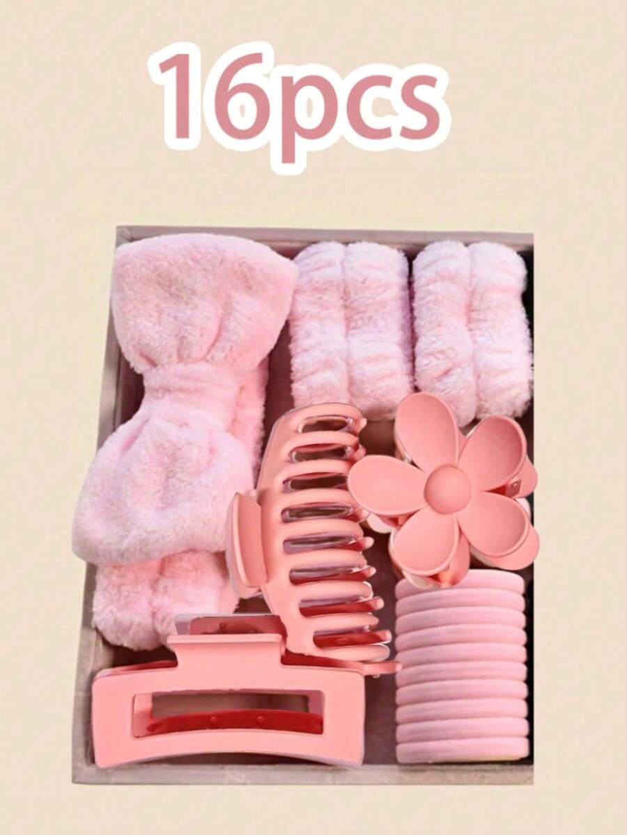 16 Pieces Soft Hair Headband Bow Wash With Multicolor Matte Matte Scrub Large Grab Clip Elastic Scurry Set Home Bathroom Decor Summer - Purple - View 1