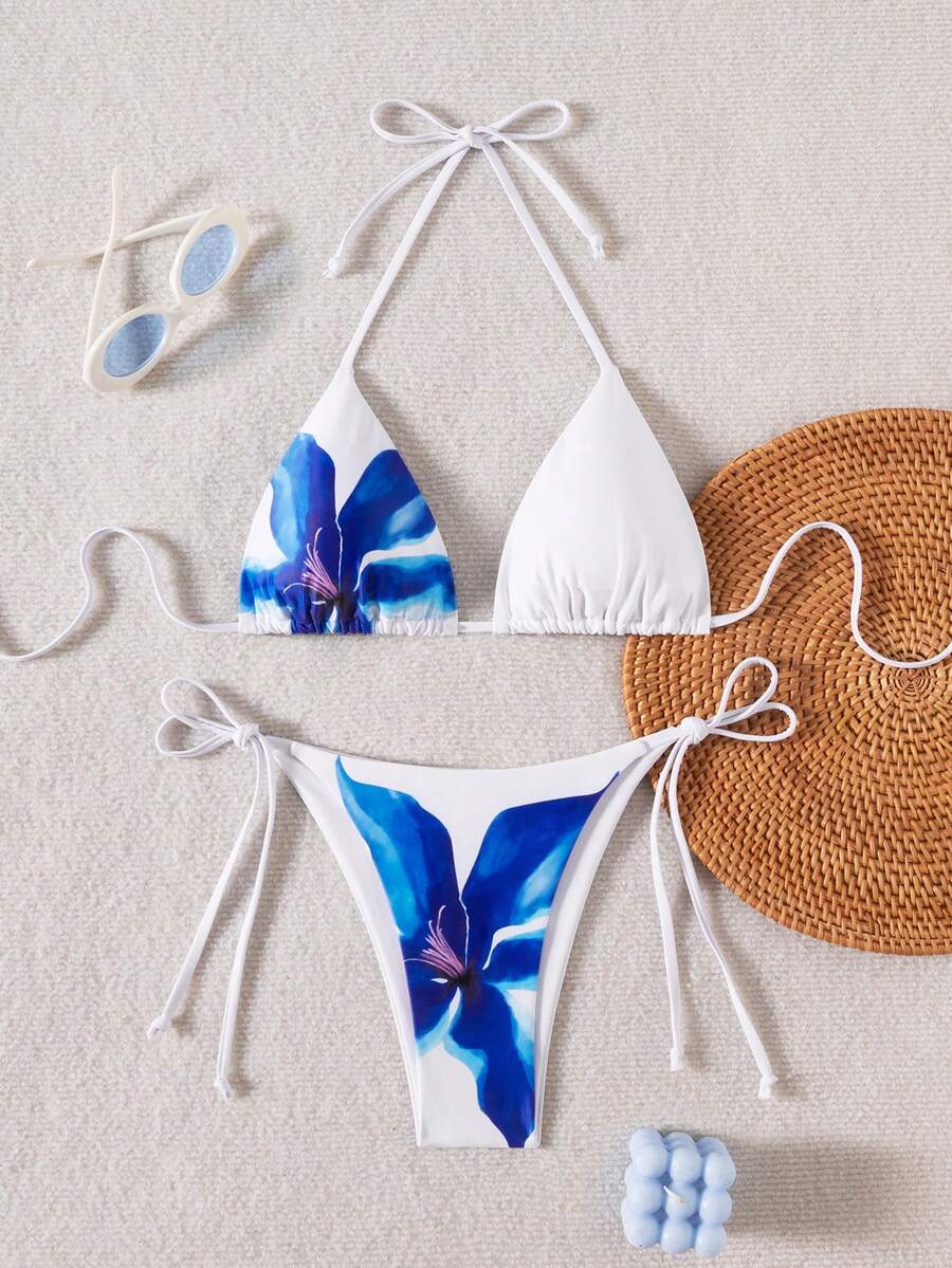 Women's Summer Floral Print Bikini Set With Tie Triangle Top And Side-Tie Triangle Bottom Vacation Beach White - White - View 1