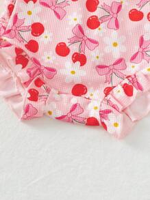 Cute Baby Girl Cherry Print Ruffled Edge Romper, Adorable Pink,Perfect Gift For Baby