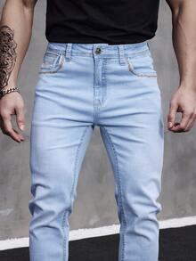 ESDVQ Men's Embroidered Front And Back Pocket Stretch Thick Denim Jeans - Light Wash - View 7