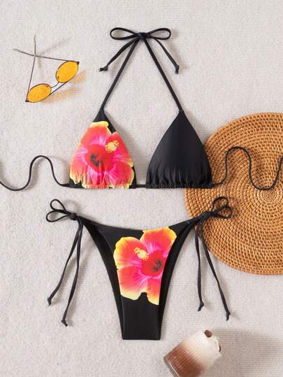 Damen Sommer Badeanzug Bikini Set, Blume Muster Neckholder Top & Seitenbindung Unterteil