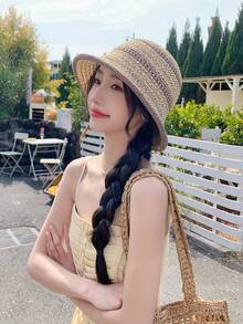 1pc Women Hollow Out Woven Fisherman Hat, Breathable Summer Straw Bucket Hat, Casual Lightweight Sun Hat, Suitable For Spring Summer Daily Wear, Outdoor Activities, Beach, Vacation, Foldable Wide Brim Boho Style - MZ2665 - View 2