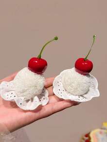 1个/2个/4个可爱樱桃蛋糕蕾丝绒球发夹，侧刘海发夹，生日拍照配饰，发饰 - 彩色 - 查看 13