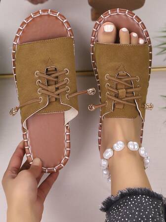 Women Slippers & Sandals, Casual Open Toe Flat Shoes For Summer, Lightweight Lace-Up Sandals In Black, Army Green, Leopard Print