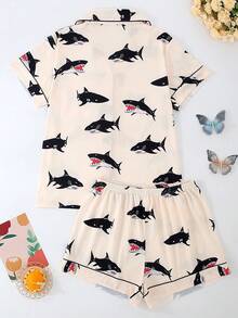 2pcs Sets Women Short Sleeve Pajamas, Shorts, Turndown Collar Button Short Sleeve, Cartoon Shark Graphics, Breathable, Comfortable Loose Fit, Suitable For All Seasons, Home Wear