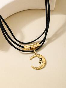 1pc Vintage Moon & Emoticon Multi-Layer Metal Moon Pendant Necklace For Women, Fashion & Versatile