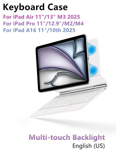 Tangentbordsfodral kompatibelt med iPad Air 11/13 tum M3/2025/A16 (10:e generationen/10:e generationen), även kompatibelt med iPad Pro 11/12,9 tum/13 tum M4/M2 (6:e generationen/5:e generationen/4:e generationen) och 10,9 tum (3:e generationen/2:a generationen) Smart Folio-tangentbord, trådlöst multitouch-stöd, bakgrundsbelyst, magnetisk design, vit, engelsk version