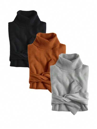 MF Kit 3 Básico Blusa Tricot Feminina Gola Alta Suéter Cacharrel