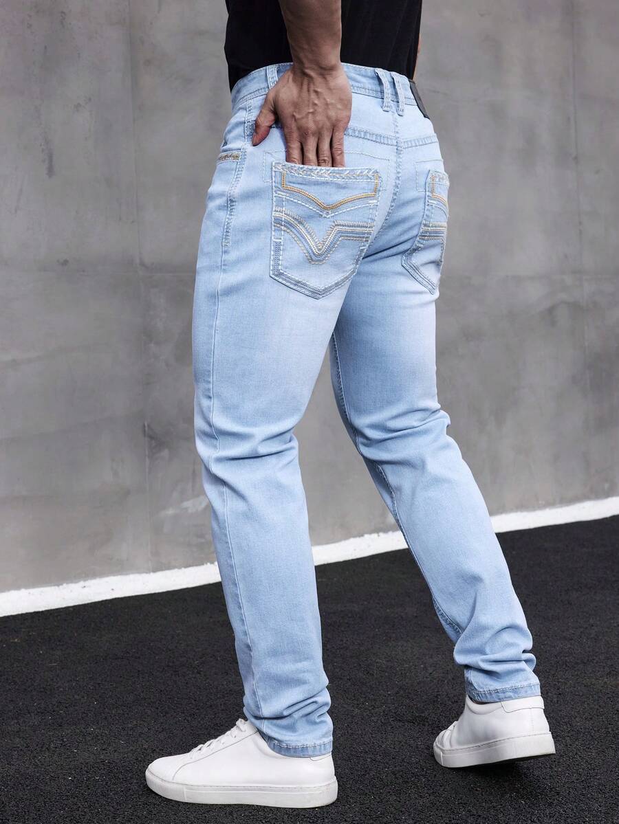 ESDVQ Men's Embroidered Front And Back Pocket Stretch Thick Denim Jeans - Light Wash - View 1