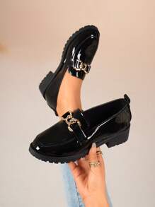 Women's Plus Size Black Metal Buckle Loafers (Run Small), Low Vamp Glossy Thick Sole Casual Minimalist French Elegant School/Commute Comfortable Waterproof Non-Slip Thick Bottom Flats, Suitable For Dresses, Street, Park, Party, Valentine's Day, Birthday Gift, Vacation