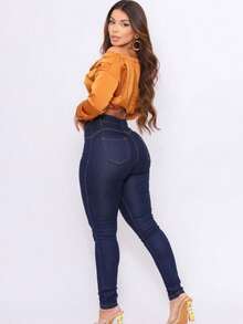 Women's Skinny High Waist Jeans With Lycra Basic Butt Lift Effect - Rửa tối - Xem 6
