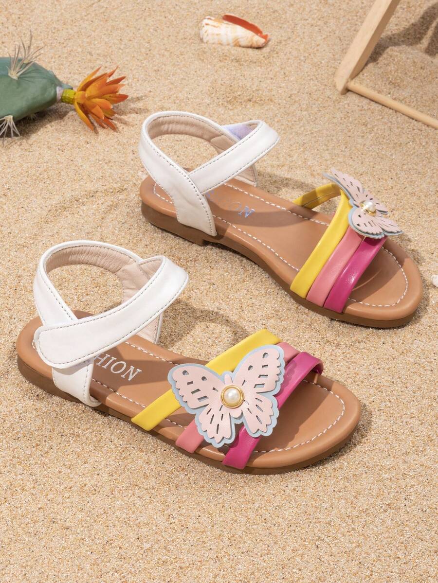 优雅的女童鞋，花童鞋，蝴蝶装饰，儿童平底沙滩凉鞋，彩色条纹，可爱迷人，脚感舒适 - 彩色 - 查看 1