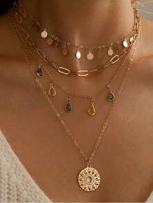 1 件波西米亚几何圆形流苏水钻多层项链，时尚优雅链式项链，适合女士 - 金色 - 查看 1