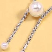 Luxury Sparkling Crystal Embellished Open Collar Pearl Necklace, Elegant & Simple Fashion Accessory - Silver - View 4