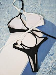 Color Block Hollow Out One-Piece Swimsuit, Sexy Criss-Cross Back Monokini For Women, Summer - Black and White - View 5