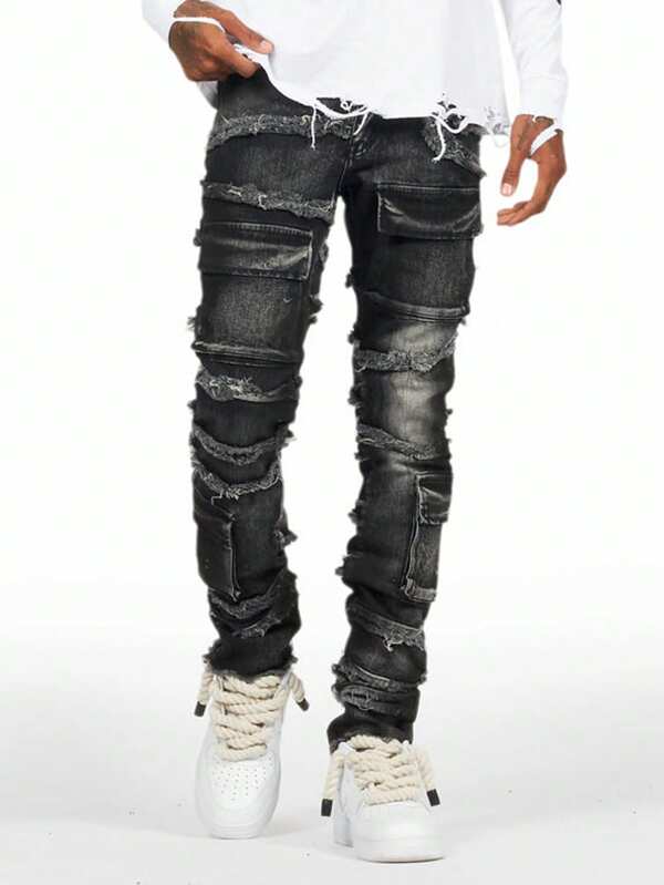 Pantalones cargo de mezclilla para hombre con parches, pantalones acampanados de moda con estampado desgastado
