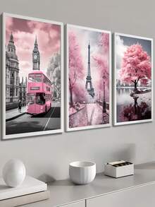 Kit 3 Pink Paris Bus Paintings Ideal For Living Room, Office, Bedroom - White - View 4