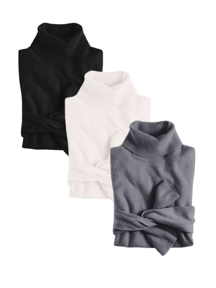 MF Kit 3 Basic Women's Knitted Blouse High Neck Cacharrel Sweater - PRETO/BRANCO/CHUMBO - Xem 1