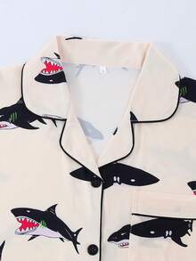 2pcs Sets Women Short Sleeve Pajamas, Shorts, Turndown Collar Button Short Sleeve, Cartoon Shark Graphics, Breathable, Comfortable Loose Fit, Suitable For All Seasons, Home Wear