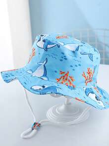 2 Pcs Shark Print Baby Sun Hat, Available In 3 Sizes,Unisex Sun Block Bucket Hat And Glasses For Beach, Fishing, Etc.