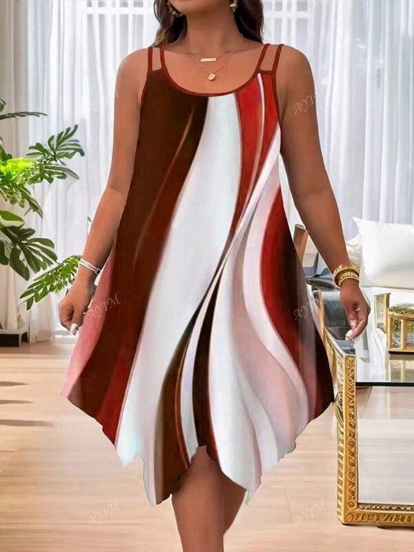 Plus Size Women's Ombre Asymmetrical Hem Elegant Spaghetti Strap Dress, Medium Stretch, Suitable For Spring And Summer, Beach Resort Wear